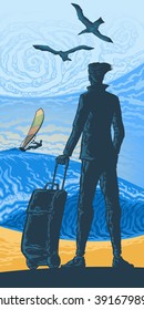 Vector background color image tourist travel with a suitcase on wheels on the background of a large ocean wave, windsurfer on wave, albatrosses flying in the sky,travel