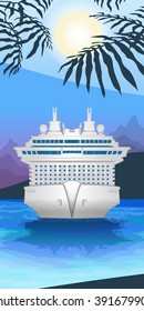 Vector background color image tourist sailing ship on the sea liner in the background of the island and the mountains and the palms,travel