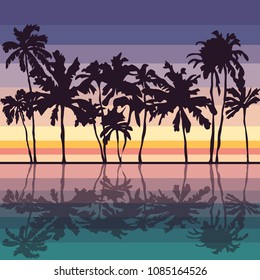 vector background color stretching sunset and sunrise, tropics, sky, water and palm trees