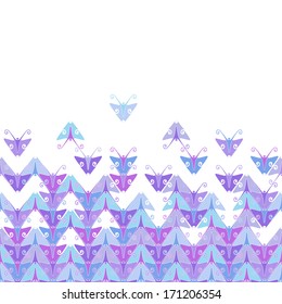 Vector background with color stylized silhouettes of butterflies. Abstract ornamental seamless pattern. Simple decorative combinatorial blue illustration with text box for print, web