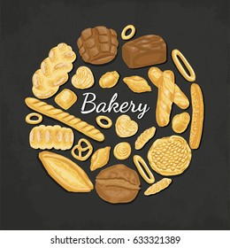 Vector background with colored bakery products arranged in a circle. Vector illustration for your design