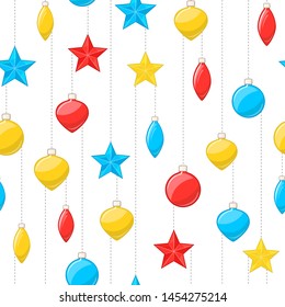 Vector background with colored christmas balls and stars hanging on threads