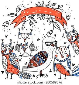 vector background with colored fantasy owls