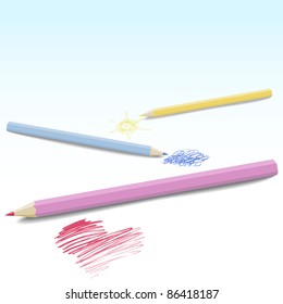 vector background with colored pencils and doodle hand drawn elements like cloud, heart and sun