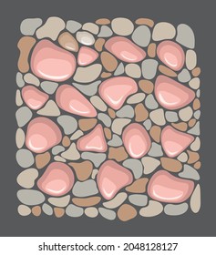 Vector background with colored stones. Pebbles, stones, road. Stony background for printing on cards, fabric, paper, packaging.