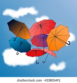 Vector background with colored umbrellas on sky background. Hand drawn card template.