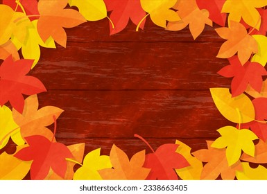 vector background with colorful autumn leaves frame and wood texture for banners, cards, flyers, social media wallpapers, etc.
