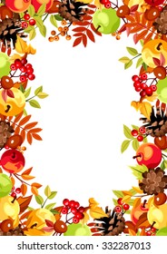 Vector background with colorful autumn leaves, apples, cones, rowan berries and chestnuts.