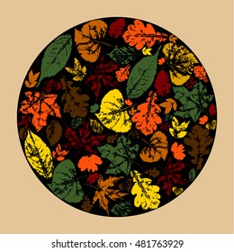 Vector background with colorful autumn leaves on a black circle.