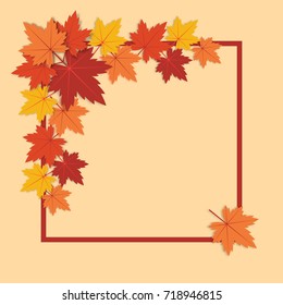 Vector background with colorful autumn maple leaves and frame.