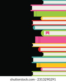 Vector background with colorful books and space for text. Stack of colorful books on black background. 