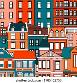 Vector background with colorful bright facades of houses. Various colors and shapes of old houses.