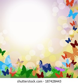 Vector background with colorful butterflies, green grass and bubbles 