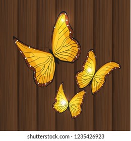 Vector background - colorful butterflies on wood texture vertical.