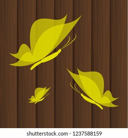 Vector background - colorful butterflies on wood texture vertical.