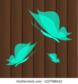 Vector background - colorful butterflies on wood texture vertical.