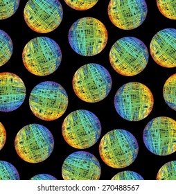 Vector background with colorful circle elements on black area. High contrasting background in grunge doodle design.