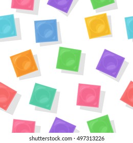 Vector background with colorful condom packs. Flat illustration for contraceptive package design. Symbol of safety sex and birth control.