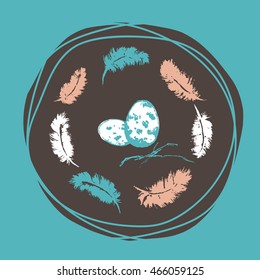 Vector background with colorful feathers and eggs
