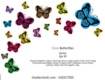 vector background with colorful funny  butterflies silhouettes and place for your text isolated on white background