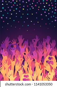 Vector background. Colorful up hands. Disco Friendship Party Flyer Template. Crowd of hands raised up. Different gestures of hands. Template design of flyer or poster for disco, concert, fans, party. 