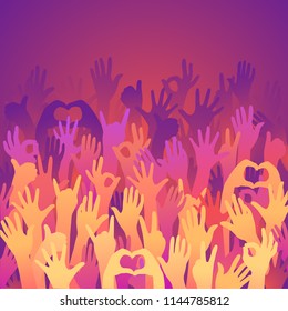 Vector background. Colorful up hands. Friendship Party Flyer Template. Crowd of hands raised up. Different gestures of hands. Template design of poster for rally, meeting, demo, strike, elections