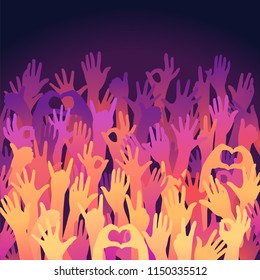 Vector background. Colorful up hands. Friendship Party Flyer Template. Crowd of hands raised up. Different gestures of hands. Template design of poster for rally, meeting, demo, strike, elections