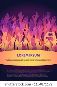 Vector background. Colorful up hands. Friendship Party Flyer Template. Crowd of hands raised up. Different gestures of hands. Template design of poster for rally, meeting, demo, strike, elections