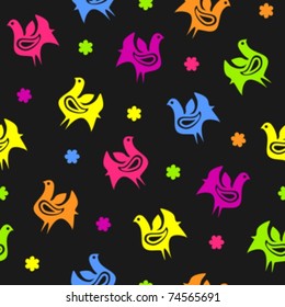 Vector background with colorful hens and flowers Seamless pattern, folk style
