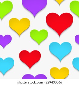 Vector background with colorful paper hearts on a white background