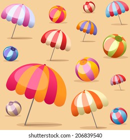 Vector background with colorful parasols and beach balls