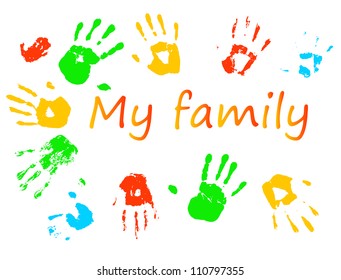 Vector background with colorful prints of palms and an inscription "My family".