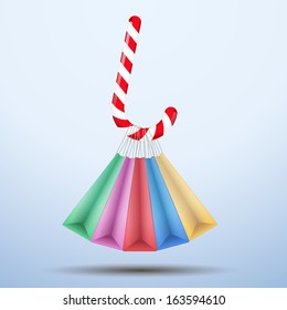 Vector Background colorful shopping bags Sweet Christmas. Illustration of commerce and sale.