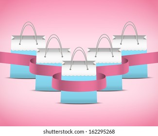 Vector Background colorful shopping paper bag with bright strip. Illustration of sale, consumerism.