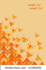 Vector background with colorful stylized silhouettes of butterflies. Bright abstract illustration in tints of orange and yellow. Simple combinatorial ornamental card with text box for print and web