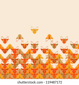 Vector background with colorful stylized silhouettes of butterflies. Bright abstract seamless pattern in tints of orange, yellow. Simple ornamental illustration graphic with text box for print and web