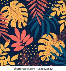 Vector background with colorful tropical leaves and plants. Background for various surface. Trend vector design, beautiful print. Hand draw texture.