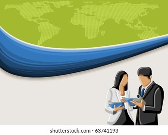 Fondo vectorial con coloridas olas y gente de negocios trabajando