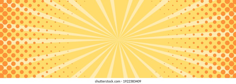 Vector background in comic book style with stripes and halftone. Retro pop art design. Long horizontal banner.