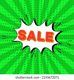 Vector background comic green for advertising in store promotions and sales, rays and circles with text.