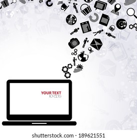 vector background with a computer and a set of icons, web design.