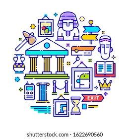 Vector background concept related to arts, museum and gallery. Iconic line art elements such as arts, historical and other related objects are included in this graphic template..