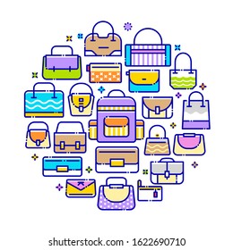 Vector background concept related to bags. Iconic line art elements such as ring, beach, barrel, flap, saddle & other bag are included in this graphic template.