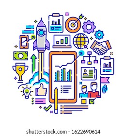 Vector background concept related to business success. Iconic line art elements such as success diagram, global market, start up &  achievement are included in this graphic template.