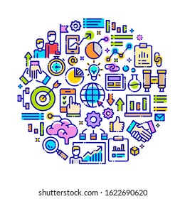 Vector background concept related to business plan. Iconic line art elements such as various kinds of object & metaphor of planning a business are included in this graphic template.