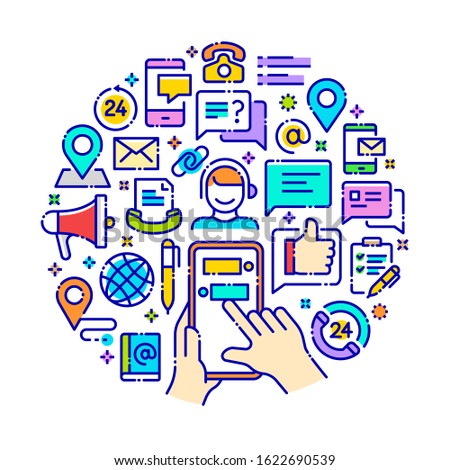 Vector background concept related to contact us. Iconic line art elements such as telephone, email, chat, location and other related objects are included in this graphic template.