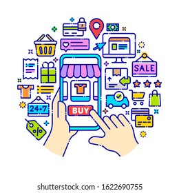 Vector background concept related to e-commerce and online store. Iconic line art elements such as shopping, buying, discount and shipping are included in this graphic template.