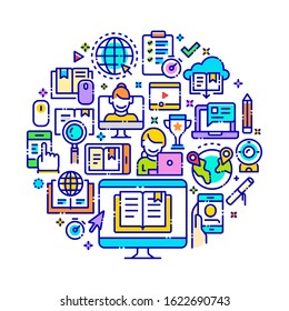 Vector background concept related to e-learning and online education. Iconic line art elements such as online education activity and objects are included in this graphic template.