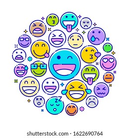 Vector background concept related to emoticon and expression. Iconic line art elements such as face smiling, sad, laugh, angry, sick and happy are included in this graphic template.