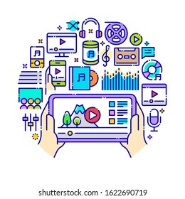 Vector background concept related to media player. Iconic line art elements such as software and hardware playing multimedia audio and video are included in this graphic template.